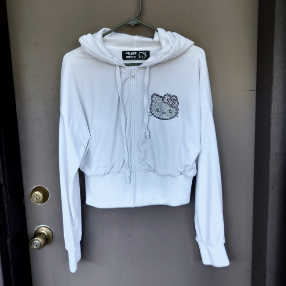Forever 21 X Hello Kitty White Velour Cropped Hoodie with Rhinestones Rare - Picture 3 of 11